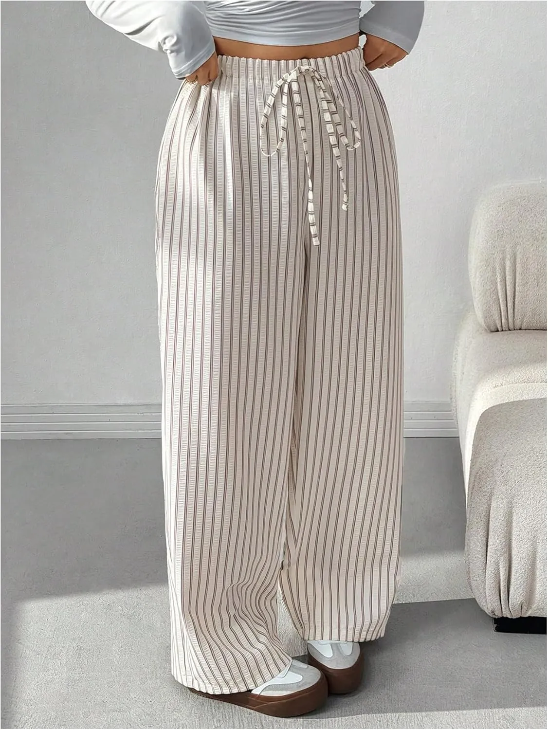 OYOANGLE Women's Plus Size Striped Drawstring Pants Elastic High Waist Wide Leg Casual Loose Trousers with Pockets