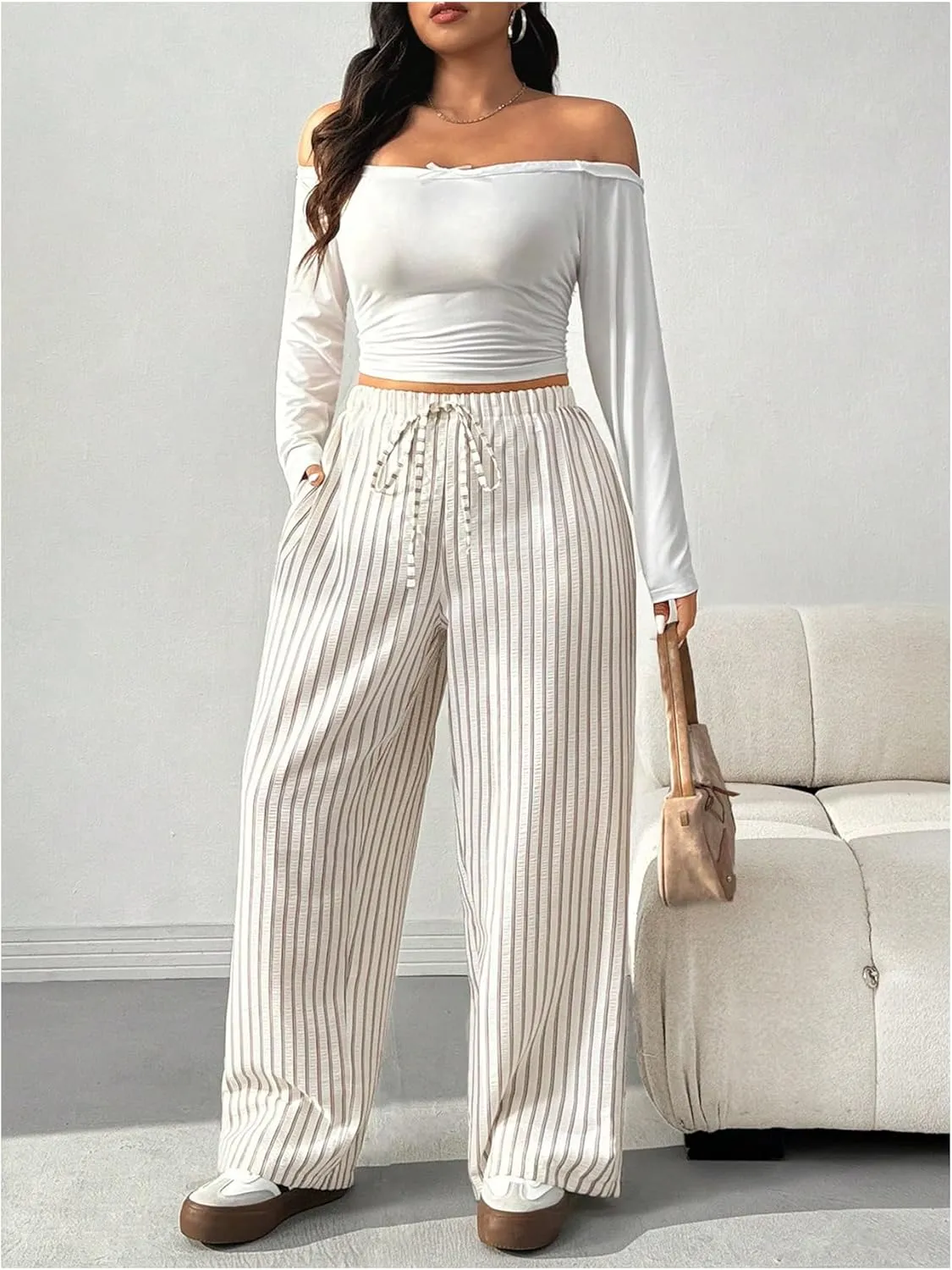 OYOANGLE Women's Plus Size Striped Drawstring Pants Elastic High Waist Wide Leg Casual Loose Trousers with Pockets