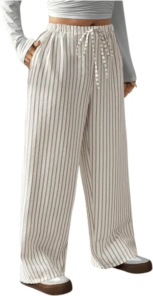 OYOANGLE Women's Plus Size Striped Drawstring Pants Elastic High Waist Wide Leg Casual Loose Trousers with Pockets