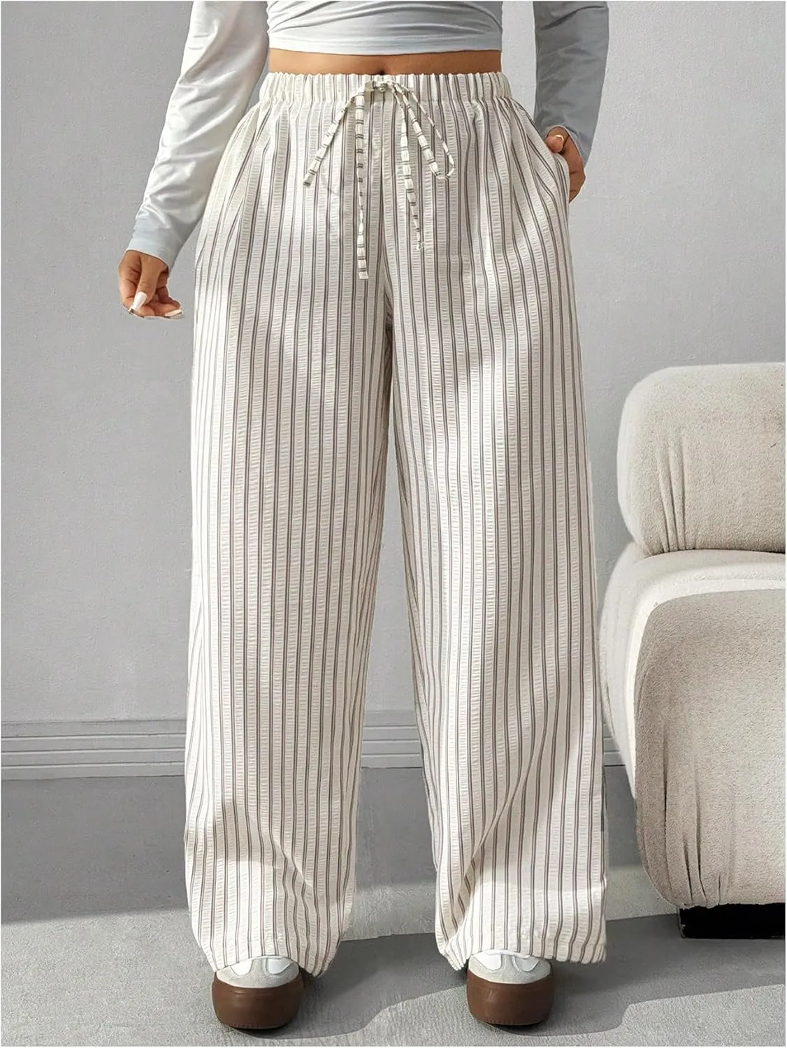 OYOANGLE Women's Plus Size Striped Drawstring Pants Elastic High Waist Wide Leg Casual Loose Trousers with Pockets