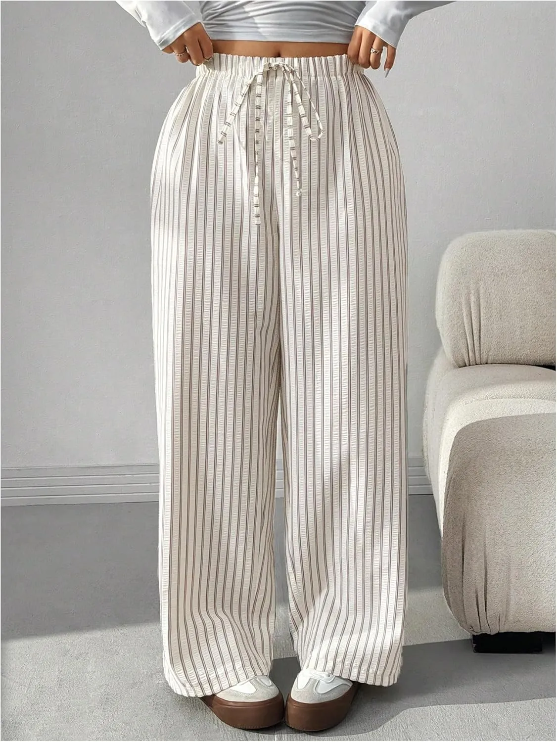 OYOANGLE Women's Plus Size Striped Drawstring Pants Elastic High Waist Wide Leg Casual Loose Trousers with Pockets