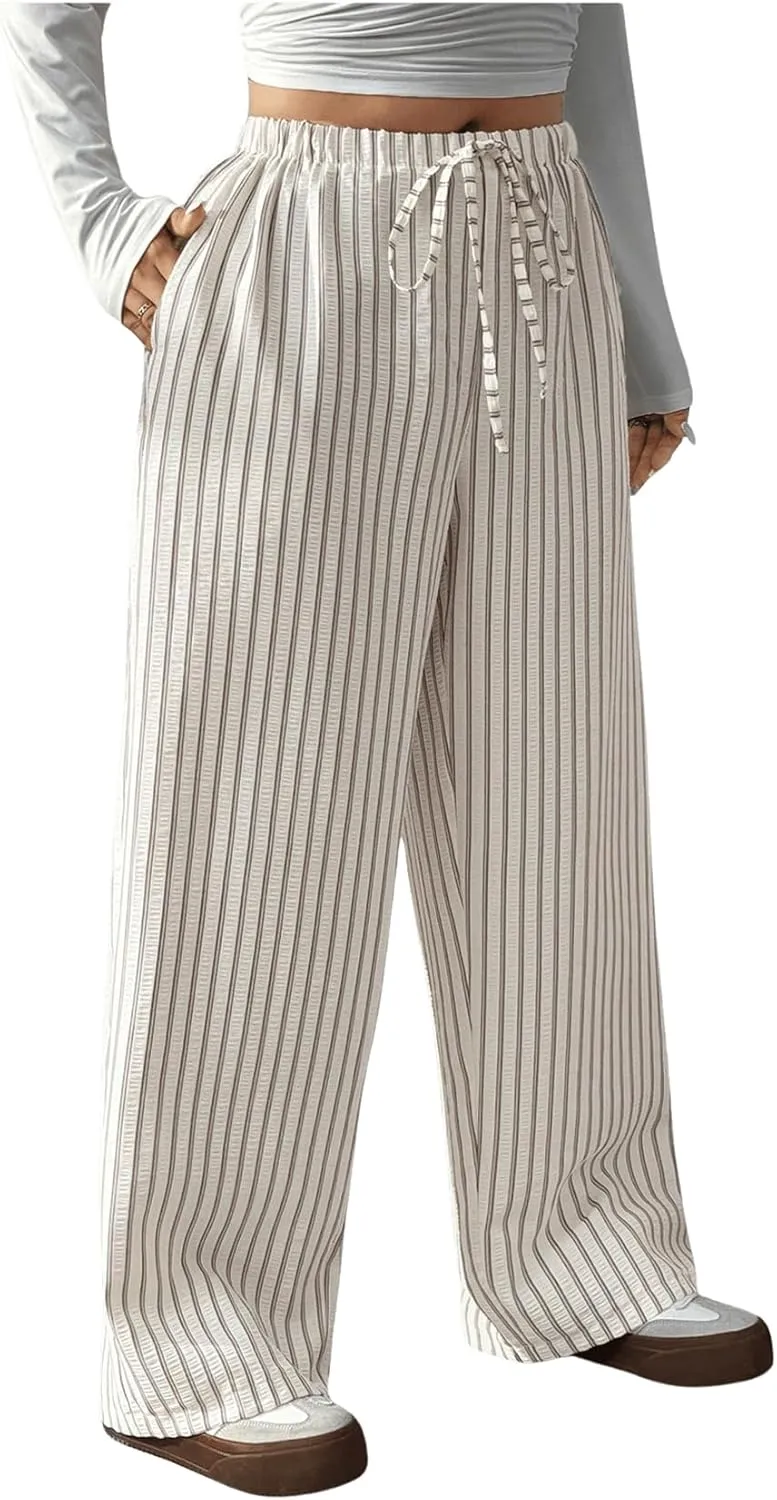 OYOANGLE Women's Plus Size Striped Drawstring Pants Elastic High Waist Wide Leg Casual Loose Trousers with Pockets