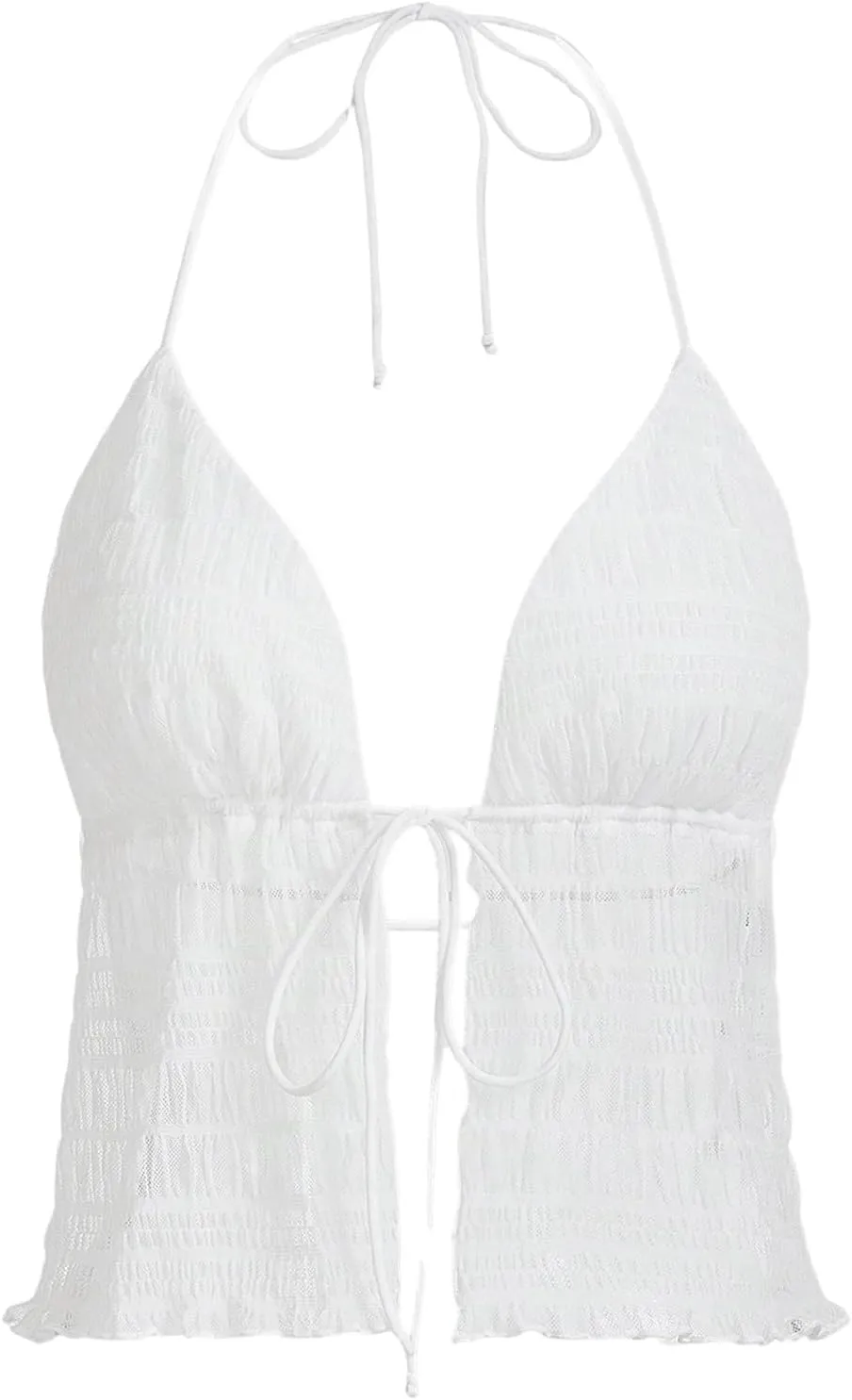 OYOANGLE Women's Texture Tie Front Halter Cami Top Deep V Neck Sleeveless Open Back Camisole Tops