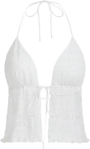 OYOANGLE Women's Texture Tie Front Halter Cami Top Deep V Neck Sleeveless Open Back Camisole Tops