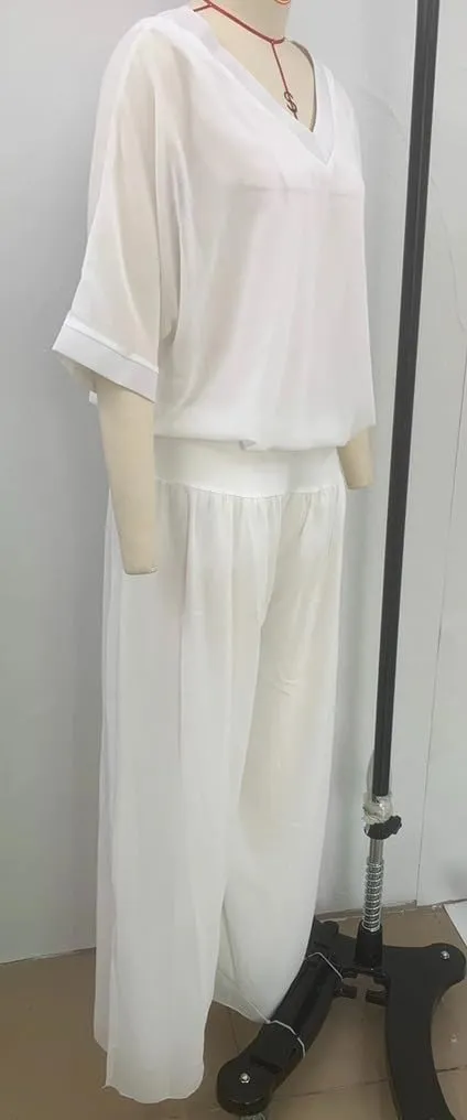 Pant Suits for Women Chiffon V Neck 3/4 Sleeve 2 Piece Outfits Dressy Casual Wide Leg Formal Pantsuits