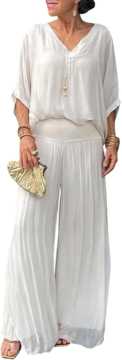 Pant Suits for Women Chiffon V Neck 3/4 Sleeve 2 Piece Outfits Dressy Casual Wide Leg Formal Pantsuits