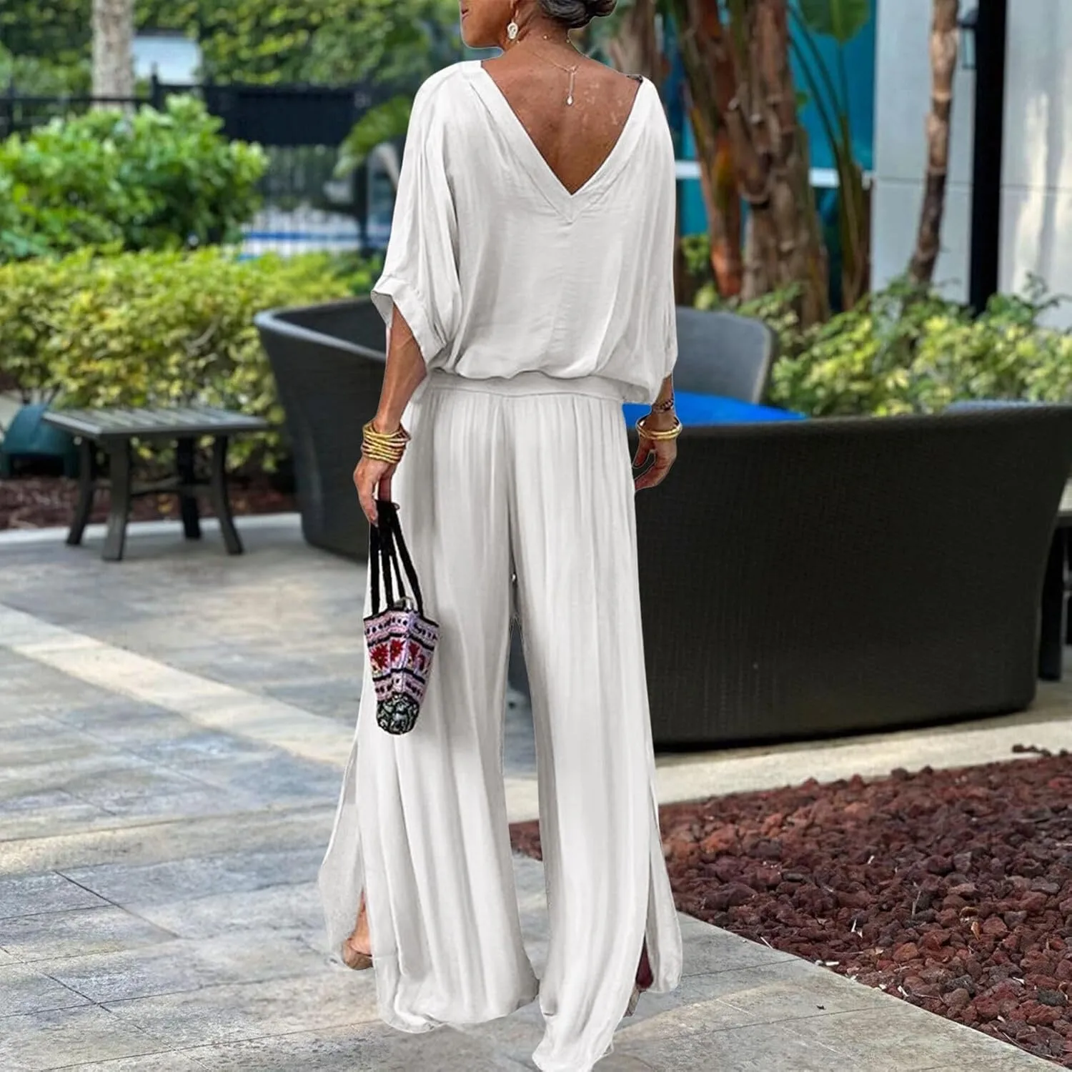 Pant Suits for Women Chiffon V Neck 3/4 Sleeve 2 Piece Outfits Dressy Casual Wide Leg Formal Pantsuits