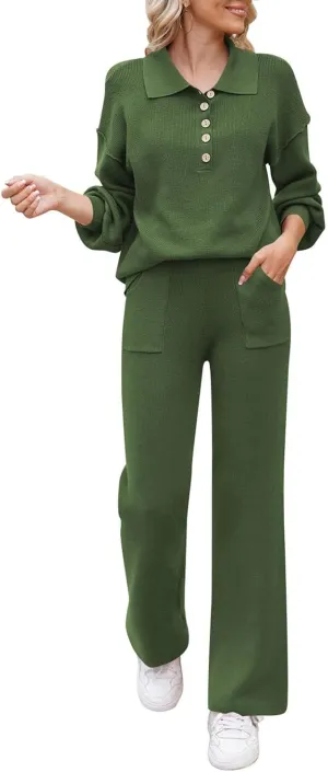 Pink Queen Women's 2 Piece Outfit Sweater Set Long Sleeve Button Knit Pullover Top Wide Leg Pants Pocket Sweatsuit