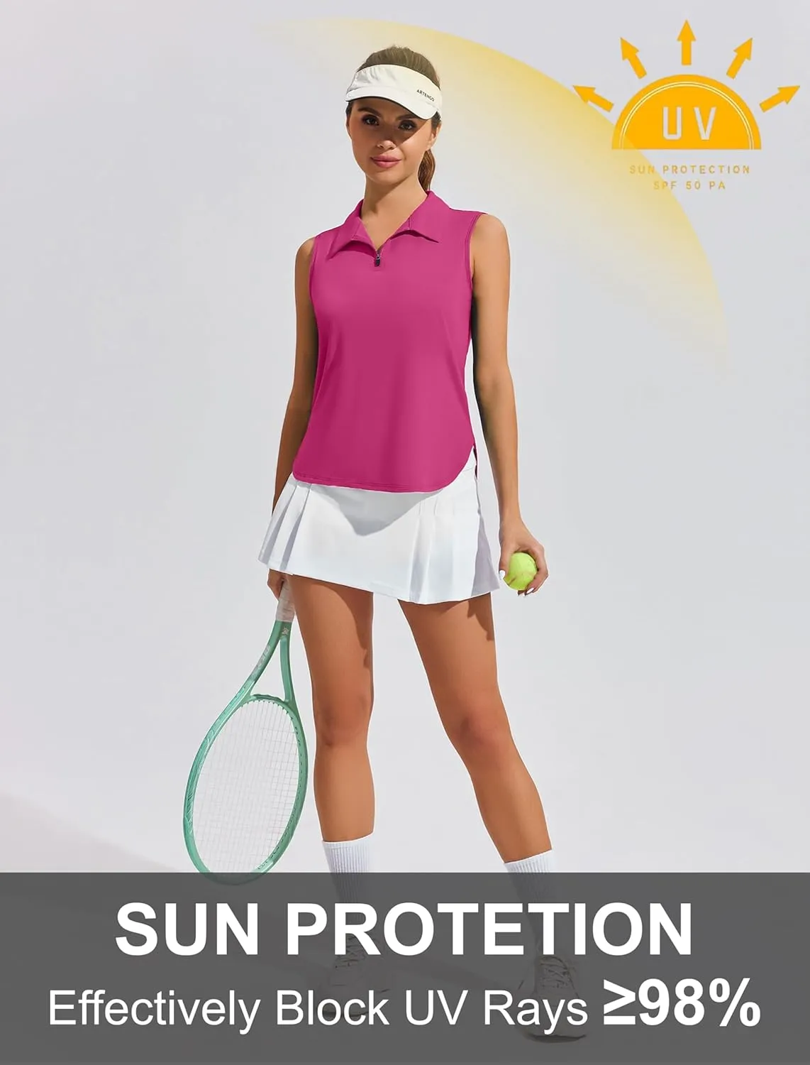 PINSPARK Women Golf Shirts Sleeveless UPF 50  Tennis Polo V-Neck Quick Dry Athletic T Shirt 1/4 Zip Collar Workout Tank Top