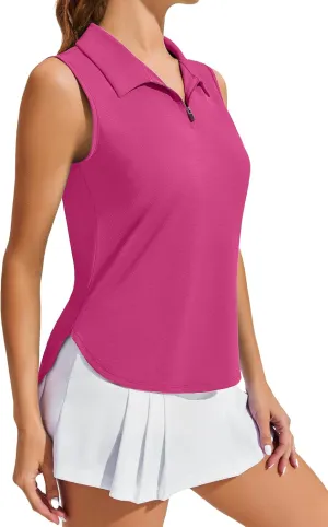 PINSPARK Women Golf Shirts Sleeveless UPF 50  Tennis Polo V-Neck Quick Dry Athletic T Shirt 1/4 Zip Collar Workout Tank Top