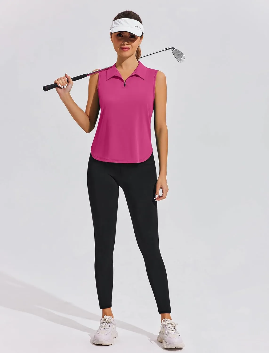 PINSPARK Women Golf Shirts Sleeveless UPF 50  Tennis Polo V-Neck Quick Dry Athletic T Shirt 1/4 Zip Collar Workout Tank Top