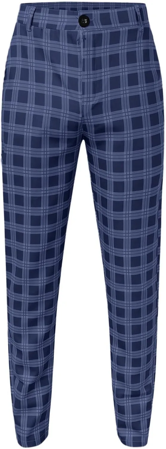 Plaid Suit Pants for Men Slim Fit Tapered Flat Front Dress Pants Business Casual Fashion Golf Pencil Chinos Pants