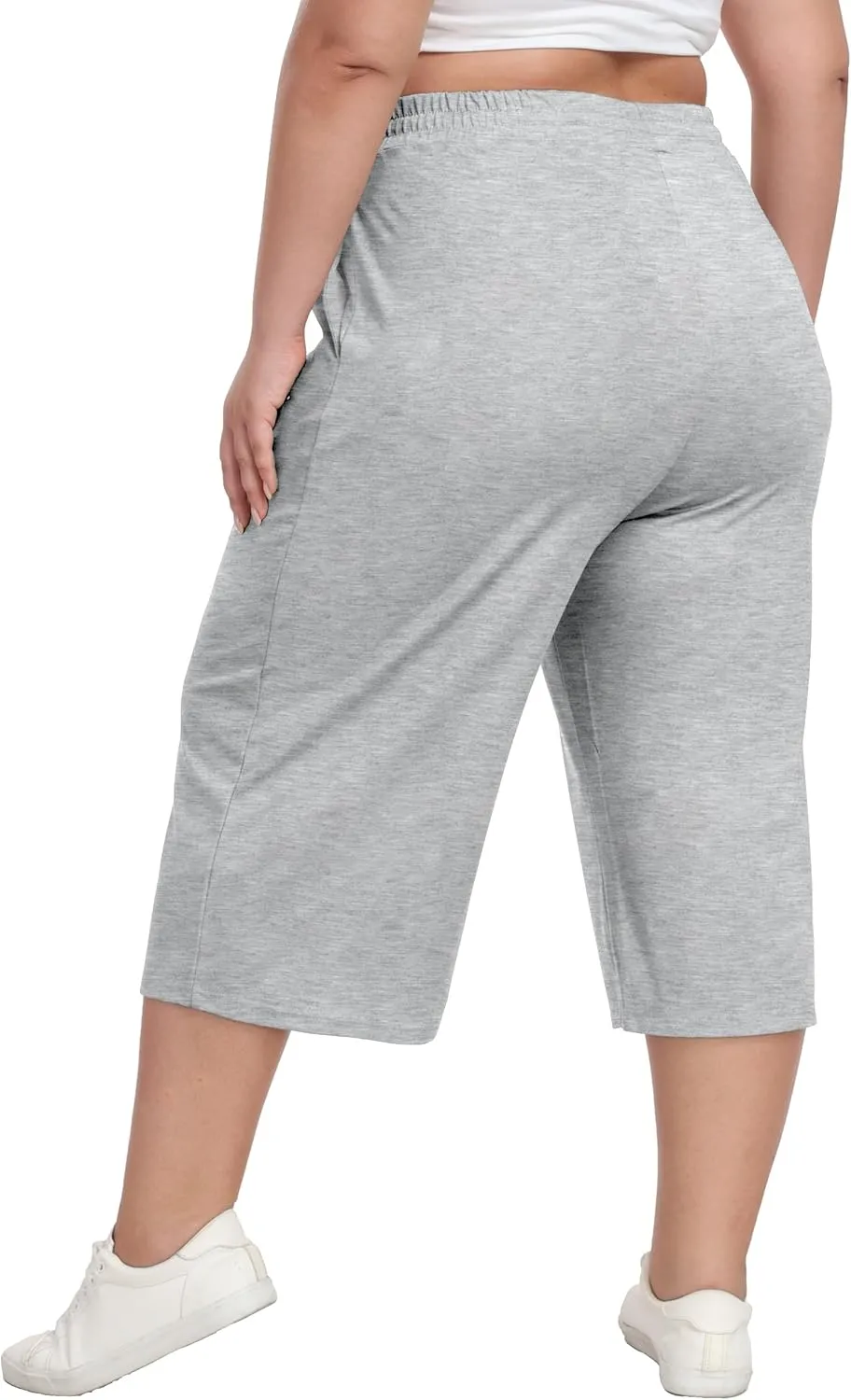 Plus Size Capris for Women Summer Wide Leg Casual Pants Loose Fit Cropped Workout Pants with Pockets Drawstring