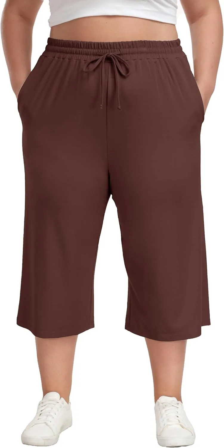 Plus Size Capris for Women Summer Wide Leg Casual Pants Loose Fit Cropped Workout Pants with Pockets Drawstring