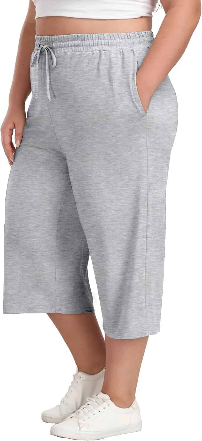 Plus Size Capris for Women Summer Wide Leg Casual Pants Loose Fit Cropped Workout Pants with Pockets Drawstring