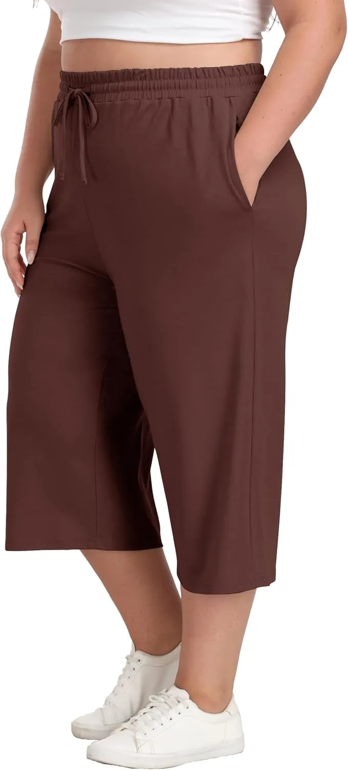 Plus Size Capris for Women Summer Wide Leg Casual Pants Loose Fit Cropped Workout Pants with Pockets Drawstring
