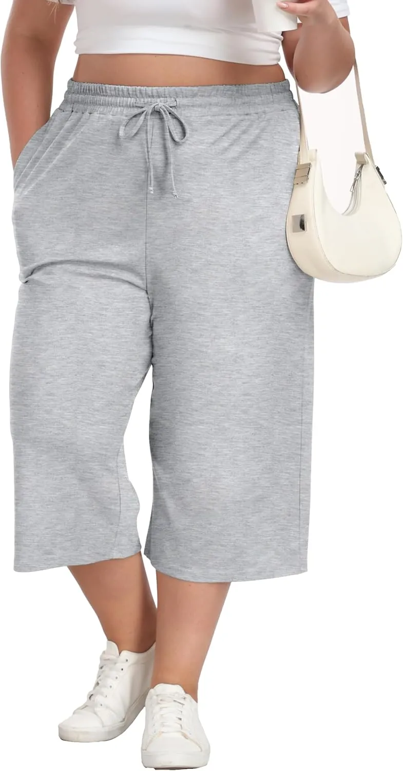 Plus Size Capris for Women Summer Wide Leg Casual Pants Loose Fit Cropped Workout Pants with Pockets Drawstring