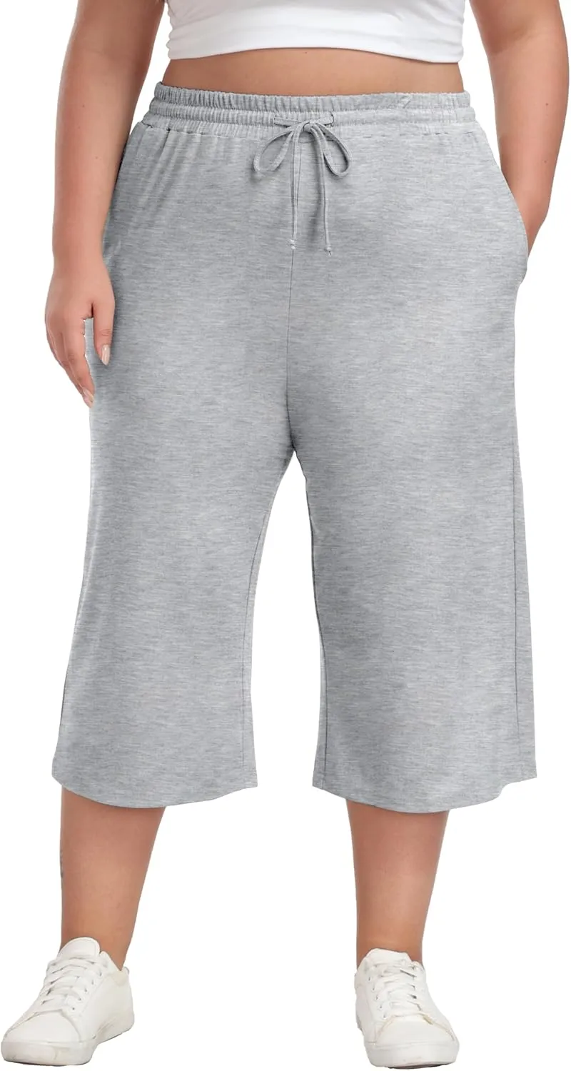 Plus Size Capris for Women Summer Wide Leg Casual Pants Loose Fit Cropped Workout Pants with Pockets Drawstring