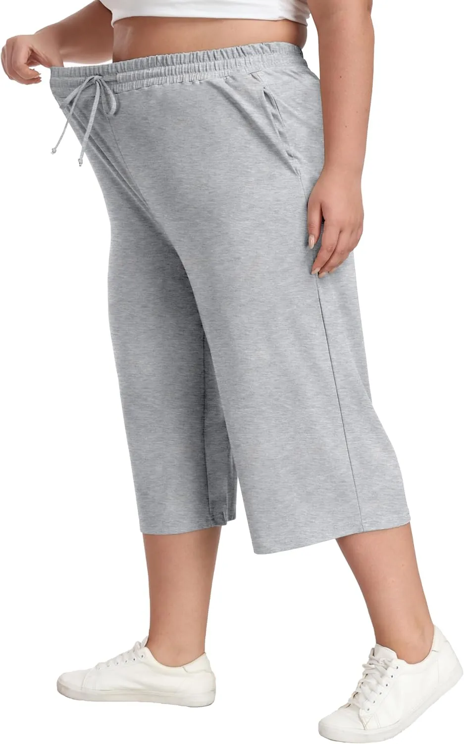 Plus Size Capris for Women Summer Wide Leg Casual Pants Loose Fit Cropped Workout Pants with Pockets Drawstring