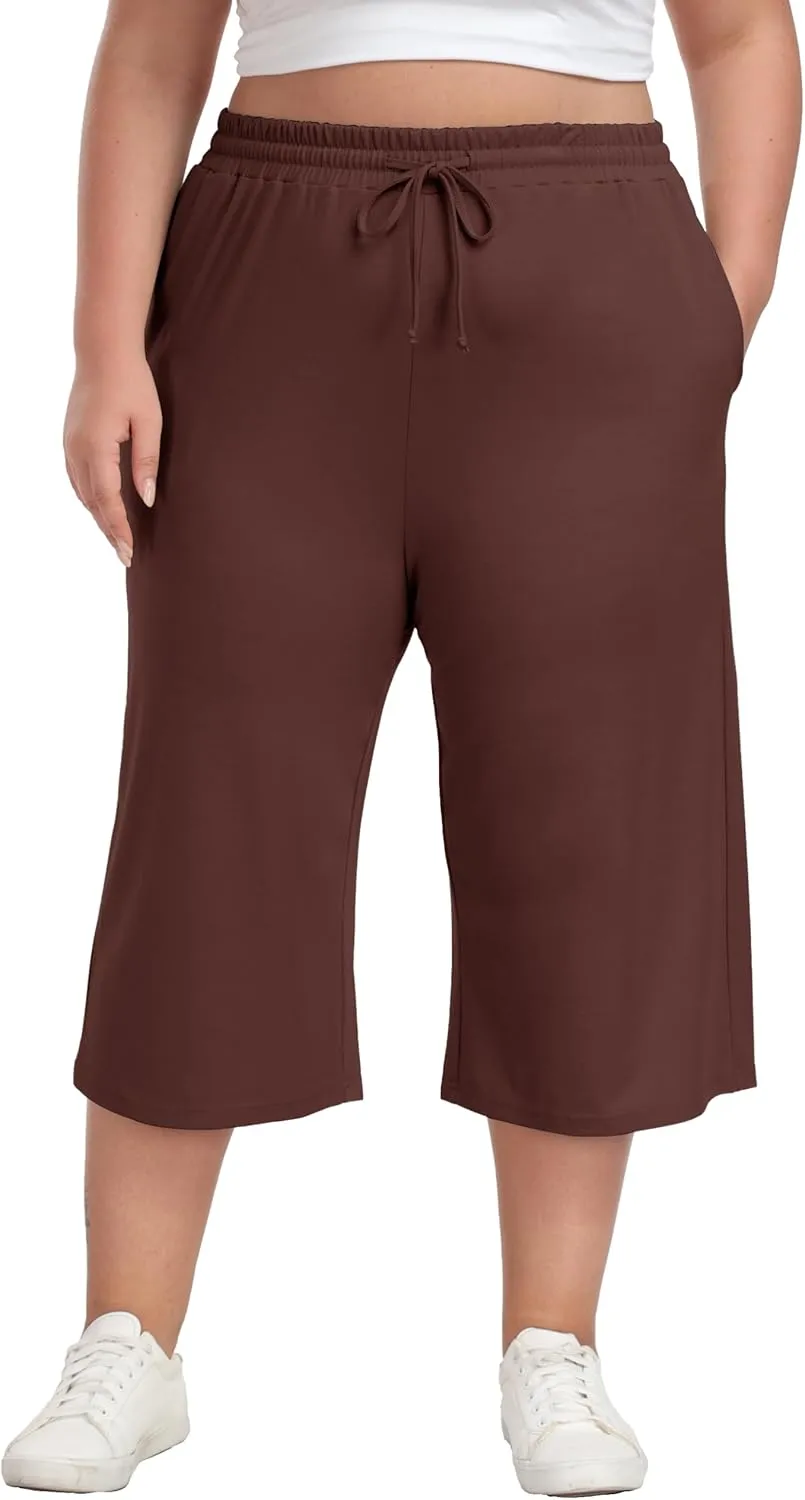 Plus Size Capris for Women Summer Wide Leg Casual Pants Loose Fit Cropped Workout Pants with Pockets Drawstring