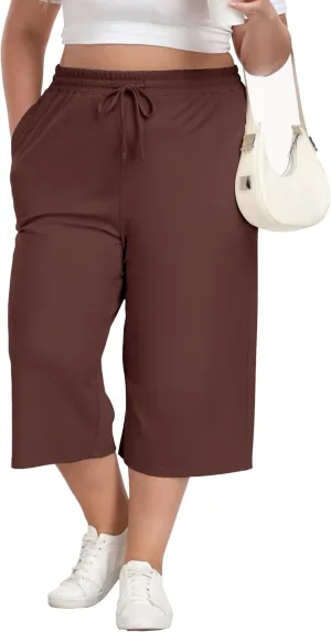 Plus Size Capris for Women Summer Wide Leg Casual Pants Loose Fit Cropped Workout Pants with Pockets Drawstring