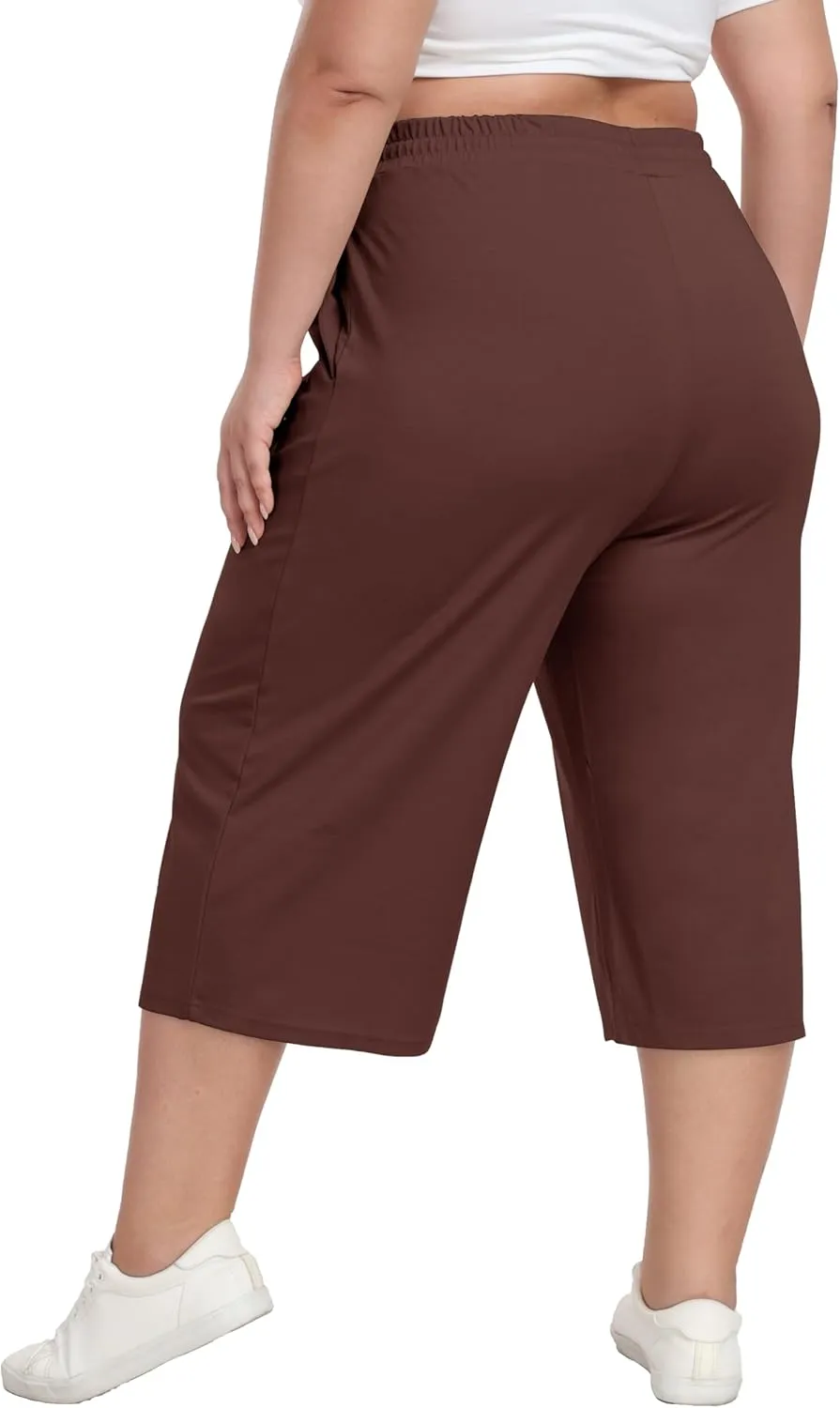 Plus Size Capris for Women Summer Wide Leg Casual Pants Loose Fit Cropped Workout Pants with Pockets Drawstring