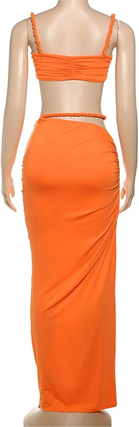 Qikaka Women's 2 PCS Rope Ruffles Tank Tops Bodycon Skirts Sexy Nightclub Party Dress Outfits Set