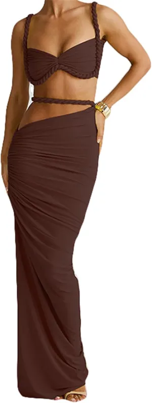 Qikaka Women's 2 PCS Rope Ruffles Tank Tops Bodycon Skirts Sexy Nightclub Party Dress Outfits Set