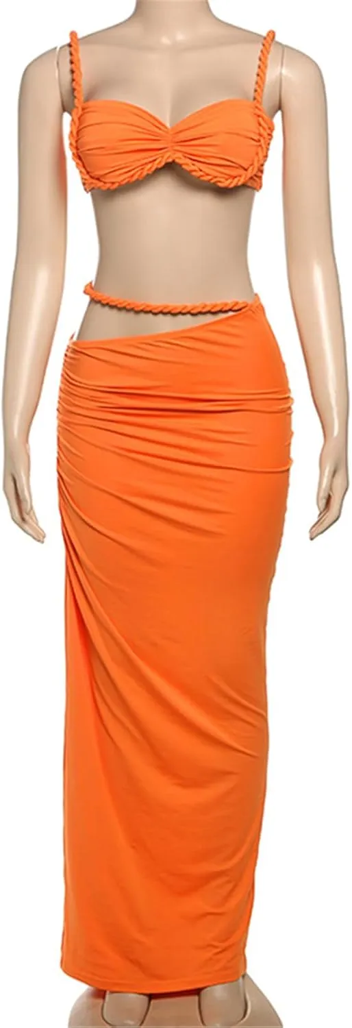 Qikaka Women's 2 PCS Rope Ruffles Tank Tops Bodycon Skirts Sexy Nightclub Party Dress Outfits Set