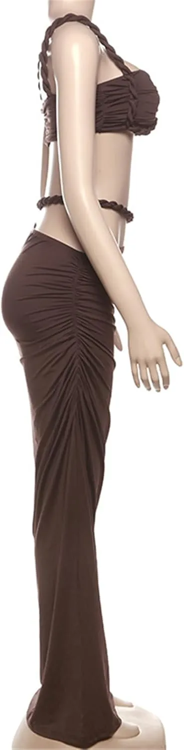 Qikaka Women's 2 PCS Rope Ruffles Tank Tops Bodycon Skirts Sexy Nightclub Party Dress Outfits Set