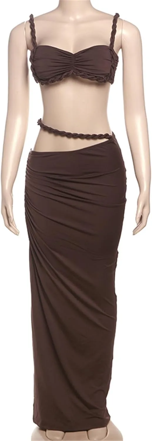 Qikaka Women's 2 PCS Rope Ruffles Tank Tops Bodycon Skirts Sexy Nightclub Party Dress Outfits Set