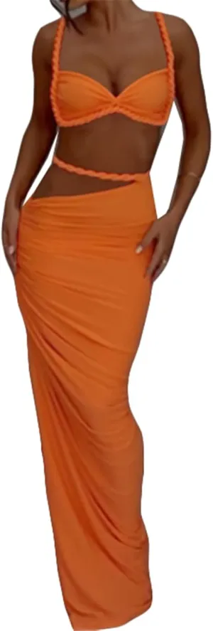 Qikaka Women's 2 PCS Rope Ruffles Tank Tops Bodycon Skirts Sexy Nightclub Party Dress Outfits Set