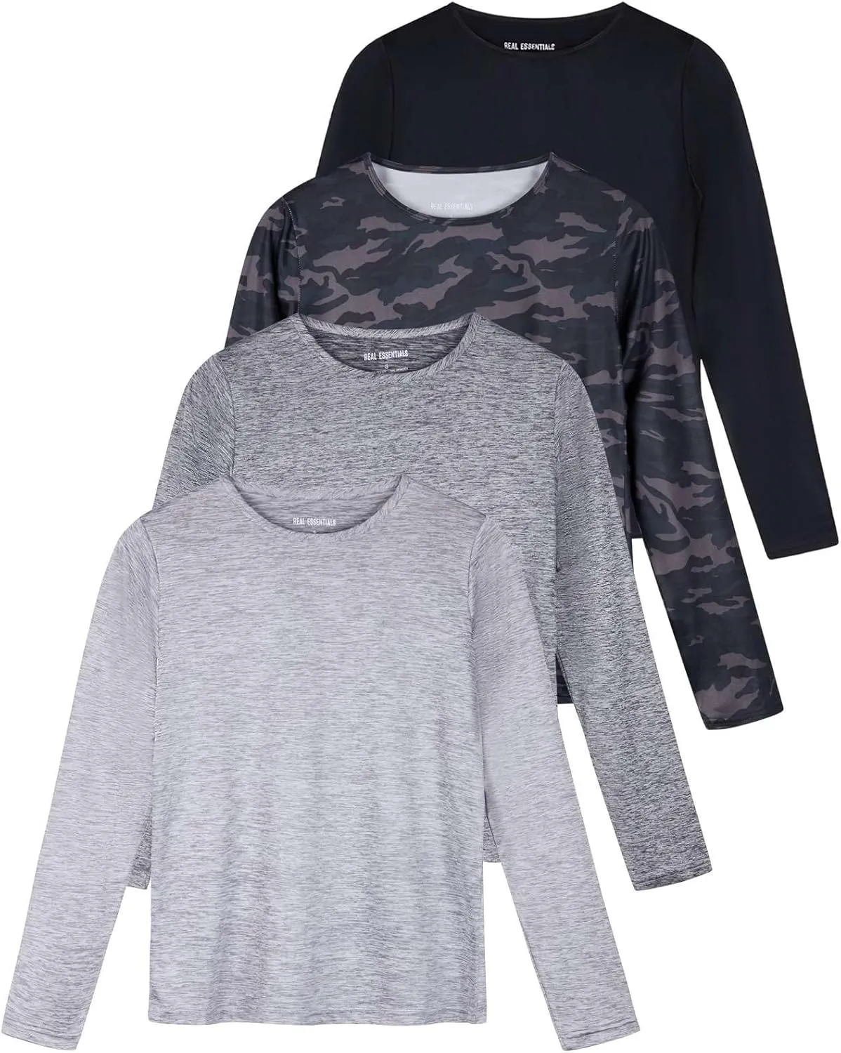 Real Essentials 4 Pack: Women's Dry-Fit Tech Stretch Long-Sleeve Athletic Workout T-Shirt (Available in Plus Size)
