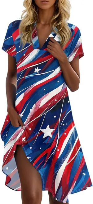 Red White and Blue Summer Dress for Women 4Th of July Tshirt Dress Midi Collared V Neck Short Sleeve A Line Dresses