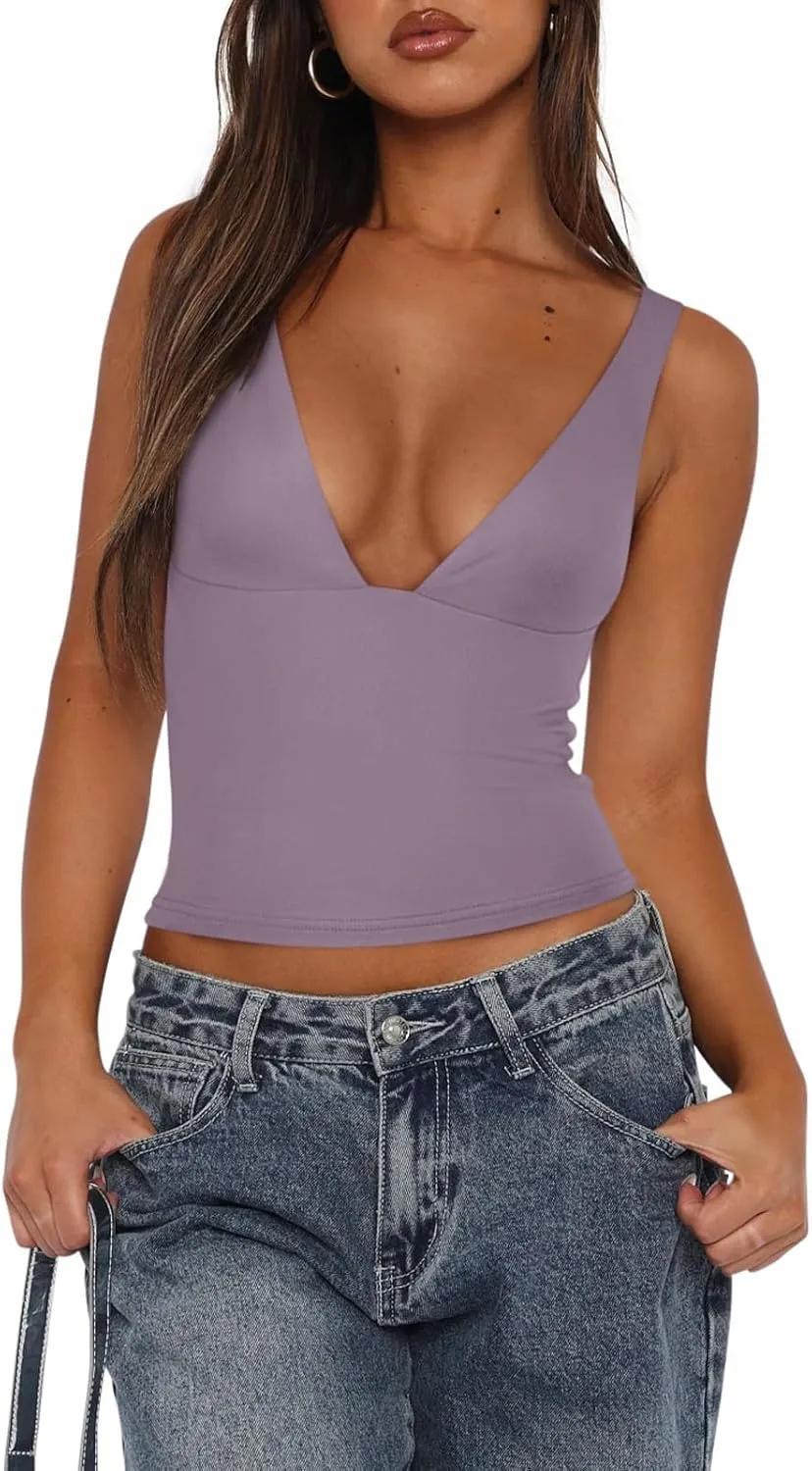 REORIA Women's Sexy Plunge Deep V Neck Sleeveless V Backless Tank Top Workout Yoga Crop Tops