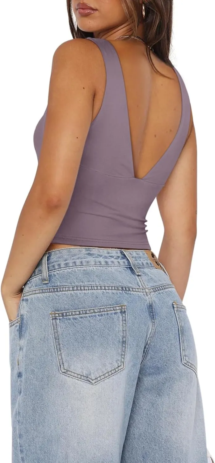REORIA Women's Sexy Plunge Deep V Neck Sleeveless V Backless Tank Top Workout Yoga Crop Tops