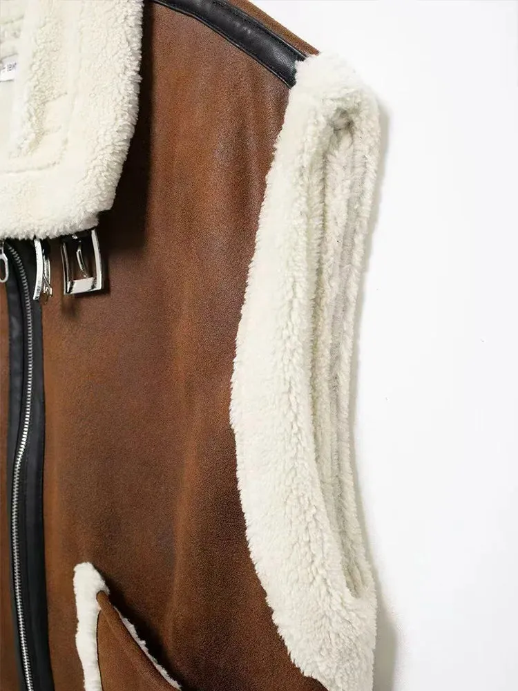 Retro Suede Women's Vest  Warm Plush-Lined Winter Jacket