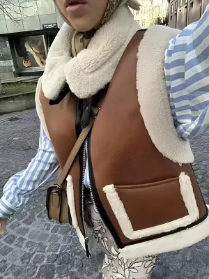 Retro Suede Women's Vest  Warm Plush-Lined Winter Jacket
