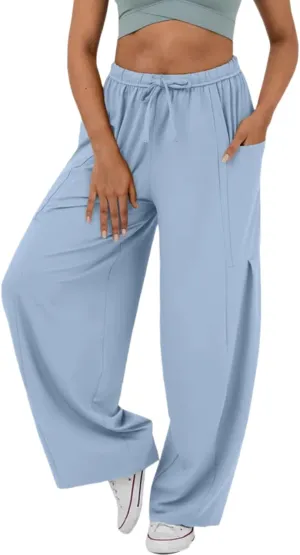 RINTONIX Womens Loose Drawstring High Waisted Wide Leg Harem Pants with Pockets Baggy Casual Summer Palazzo Sweatpants