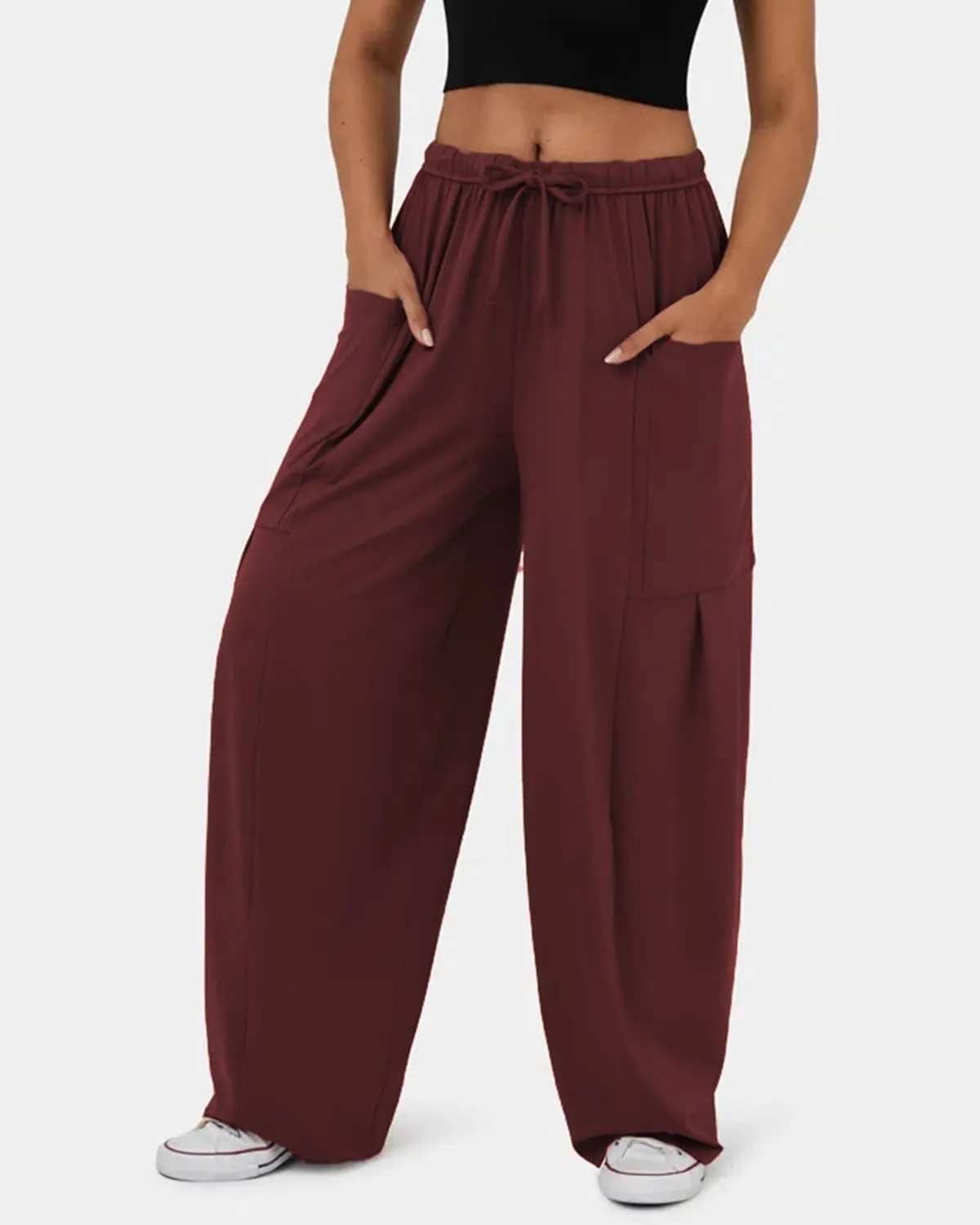 RINTONIX Womens Loose Drawstring High Waisted Wide Leg Harem Pants with Pockets Baggy Casual Summer Palazzo Sweatpants