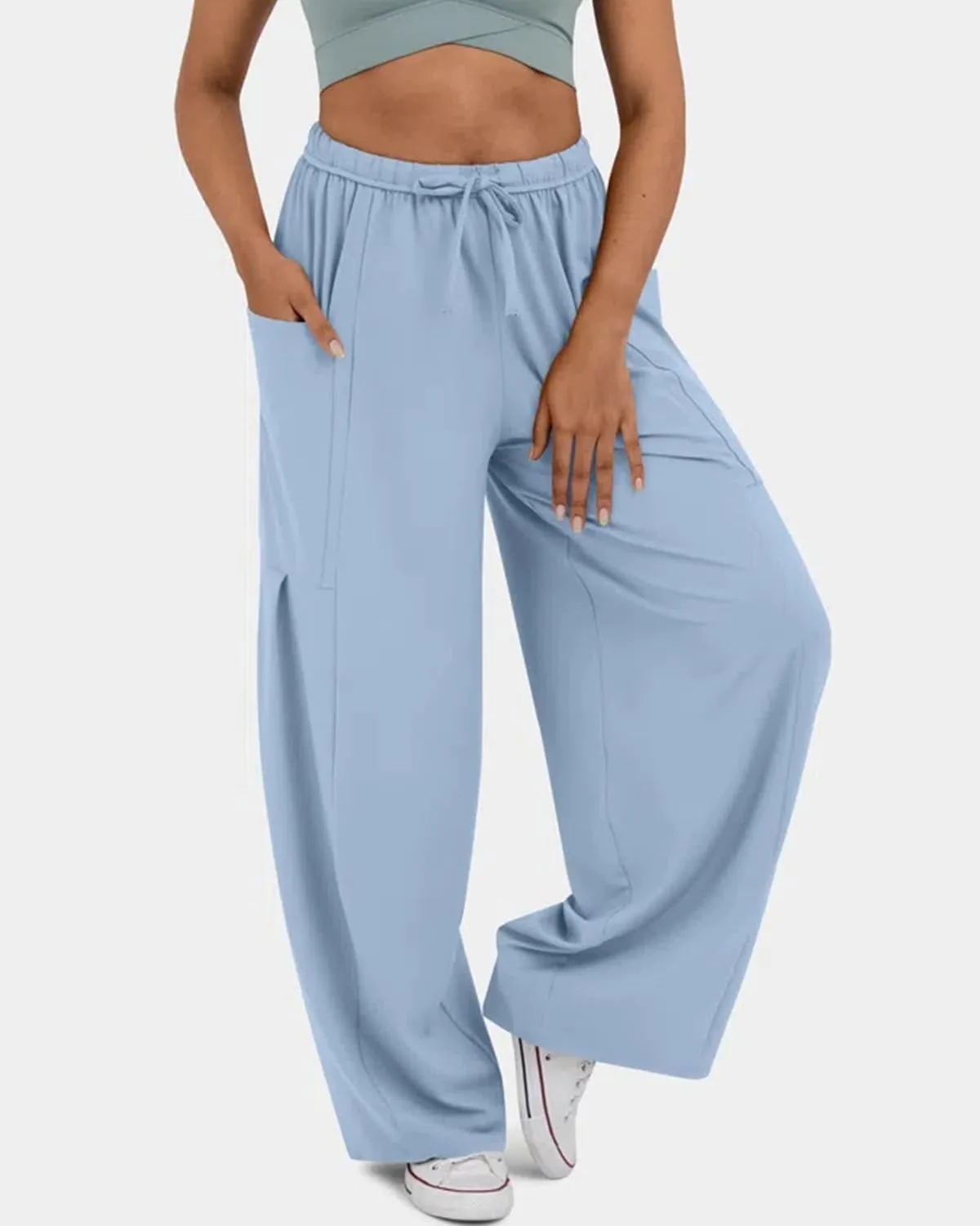 RINTONIX Womens Loose Drawstring High Waisted Wide Leg Harem Pants with Pockets Baggy Casual Summer Palazzo Sweatpants