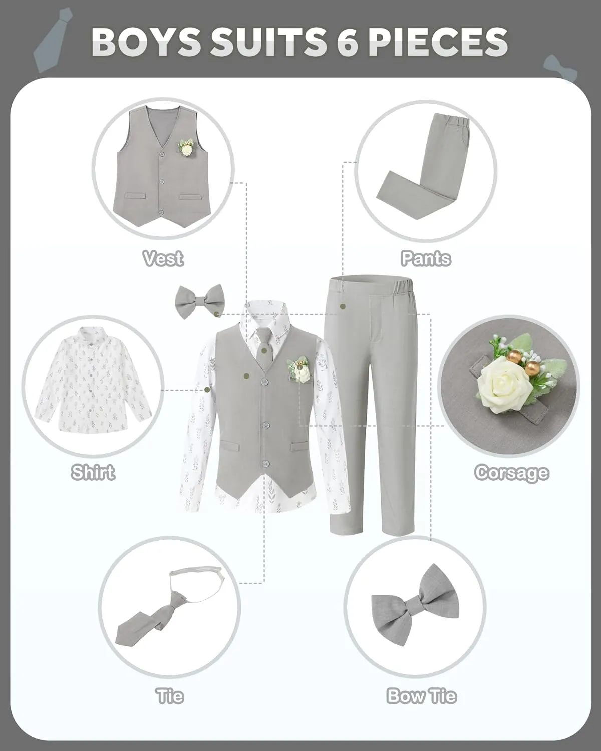 SANMIO Toddler Boy Suits Dress Clothes Formal Slim Fit Suit Set 6 Piece Gentleman Wedding Outfit Dresswear Vest Set 2-8 Years