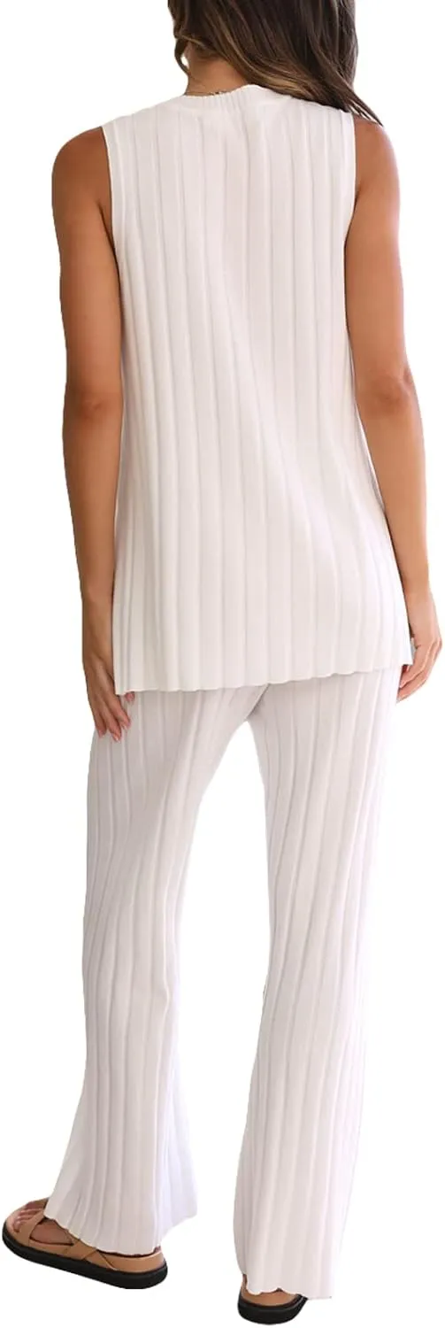 Sexy Two Pieces Knit Pants Set for Women Y2K 2Pcs Matching Set Strapless Tube Top Pleated Wide Leg Flare Pants Suit