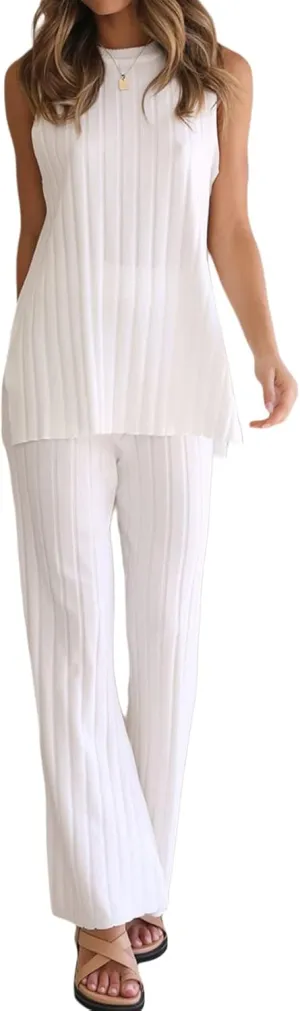 Sexy Two Pieces Knit Pants Set for Women Y2K 2Pcs Matching Set Strapless Tube Top Pleated Wide Leg Flare Pants Suit