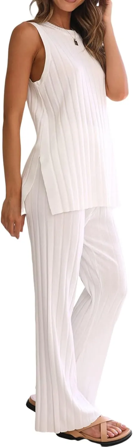 Sexy Two Pieces Knit Pants Set for Women Y2K 2Pcs Matching Set Strapless Tube Top Pleated Wide Leg Flare Pants Suit