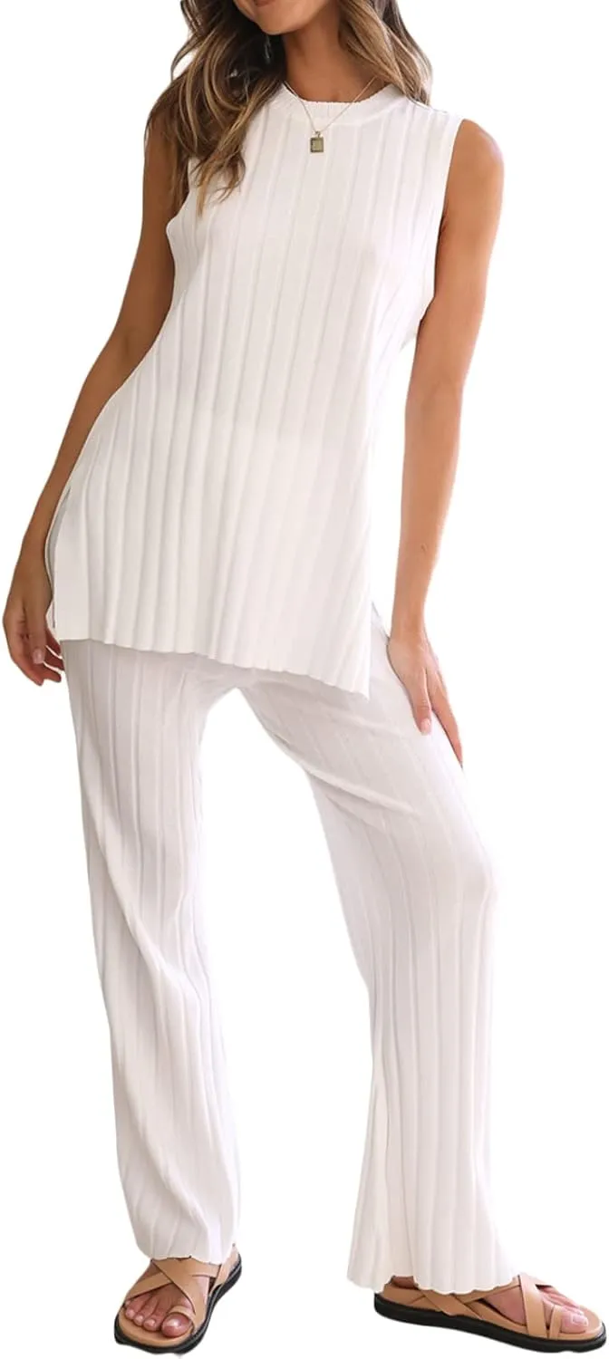 Sexy Two Pieces Knit Pants Set for Women Y2K 2Pcs Matching Set Strapless Tube Top Pleated Wide Leg Flare Pants Suit