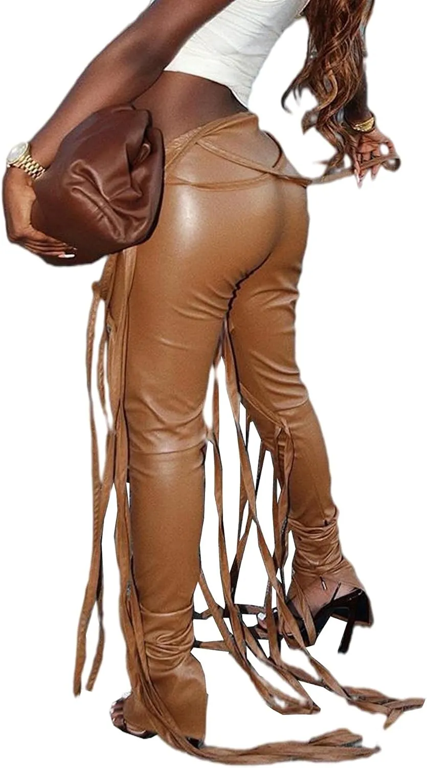 Sexyshine Women's Bandage PU Faux Leather Pants High Waist Skinny Split Hem Leggings Lace Up Punk Club Trousers