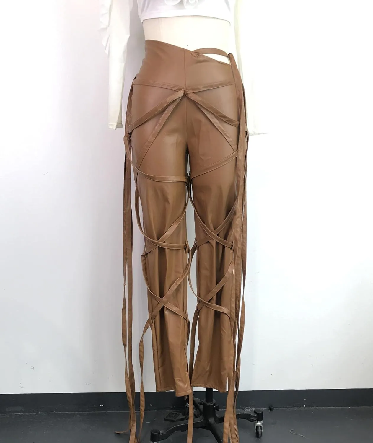 Sexyshine Women's Bandage PU Faux Leather Pants High Waist Skinny Split Hem Leggings Lace Up Punk Club Trousers
