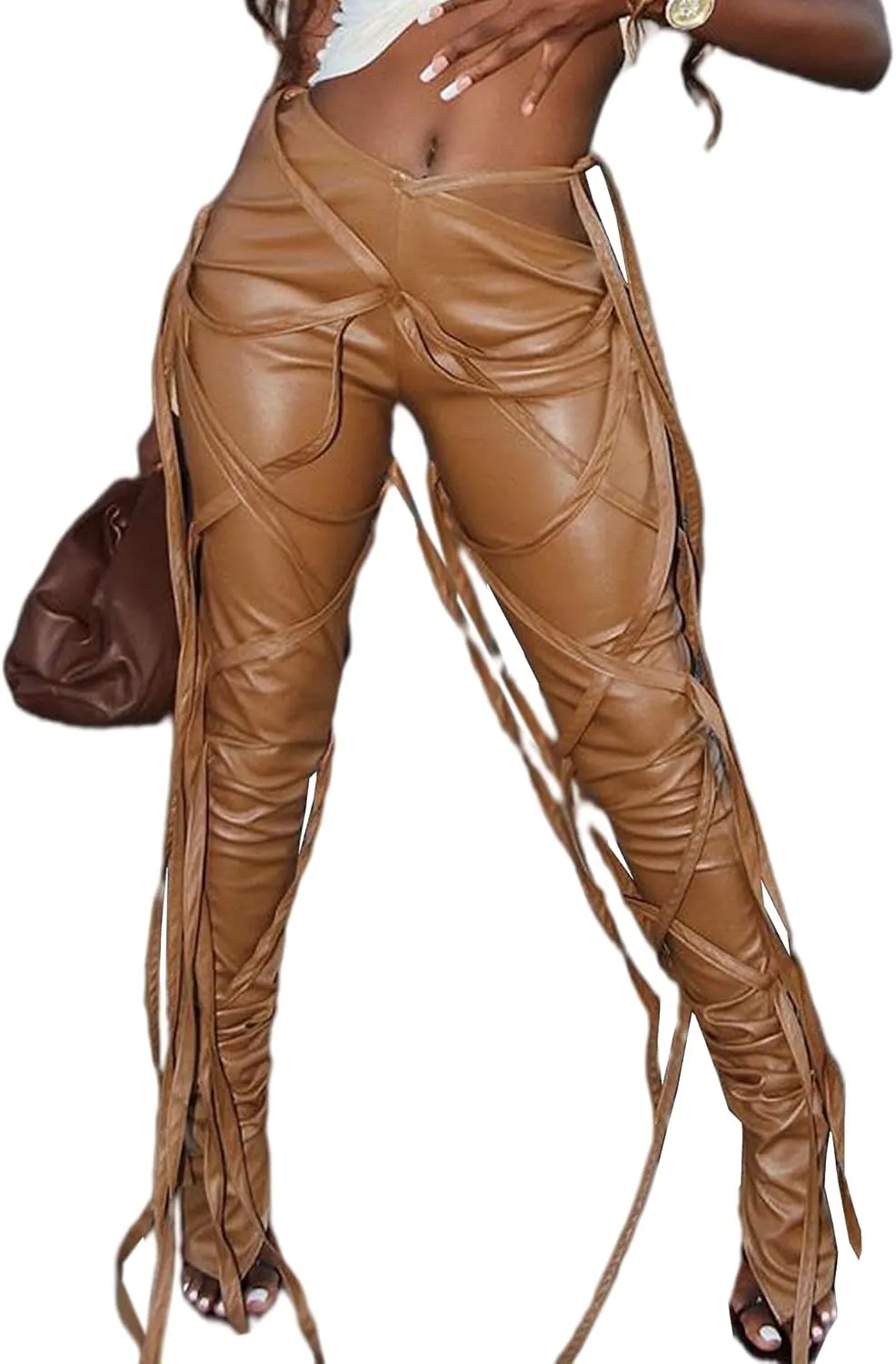 Sexyshine Women's Bandage PU Faux Leather Pants High Waist Skinny Split Hem Leggings Lace Up Punk Club Trousers