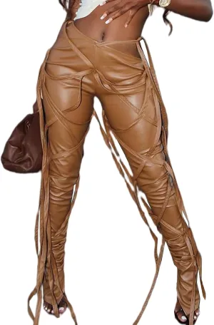 Sexyshine Women's Bandage PU Faux Leather Pants High Waist Skinny Split Hem Leggings Lace Up Punk Club Trousers